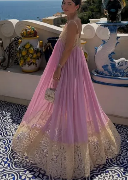 Lavender Lace Spaghetti Strap Maxi Dress / Dreamy Resort Evening Gown