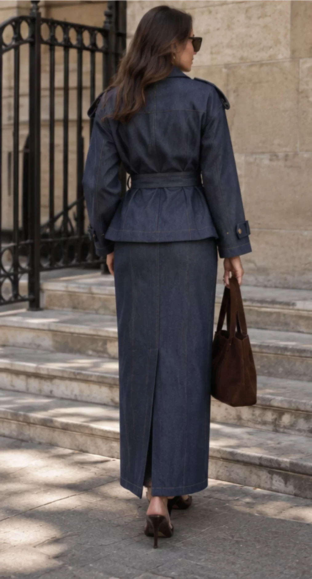 Women's Dark Blue Denim Belted Jacket and Maxi Skirt Two Piece Set