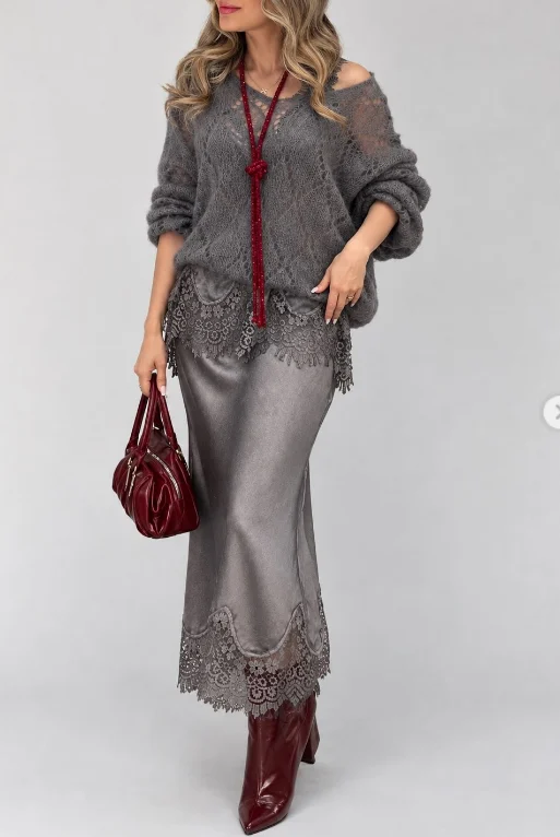 Open Knit Sweater and Lace Trim Satin Midi Skirt Set [erp-image:5a39d8a3879ca7f8288ecb11]