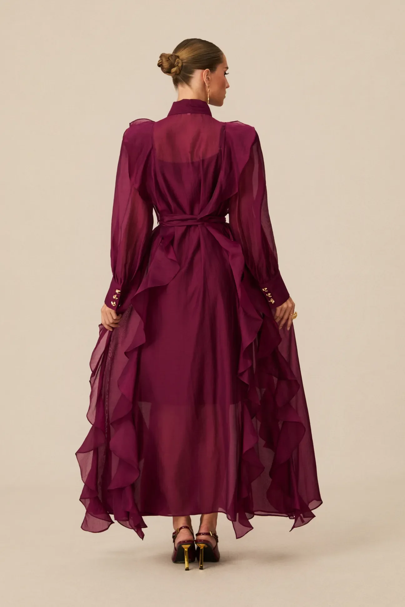 Burgundy Ruffled Tie-Neck Long Sleeve Chiffon Maxi Dress