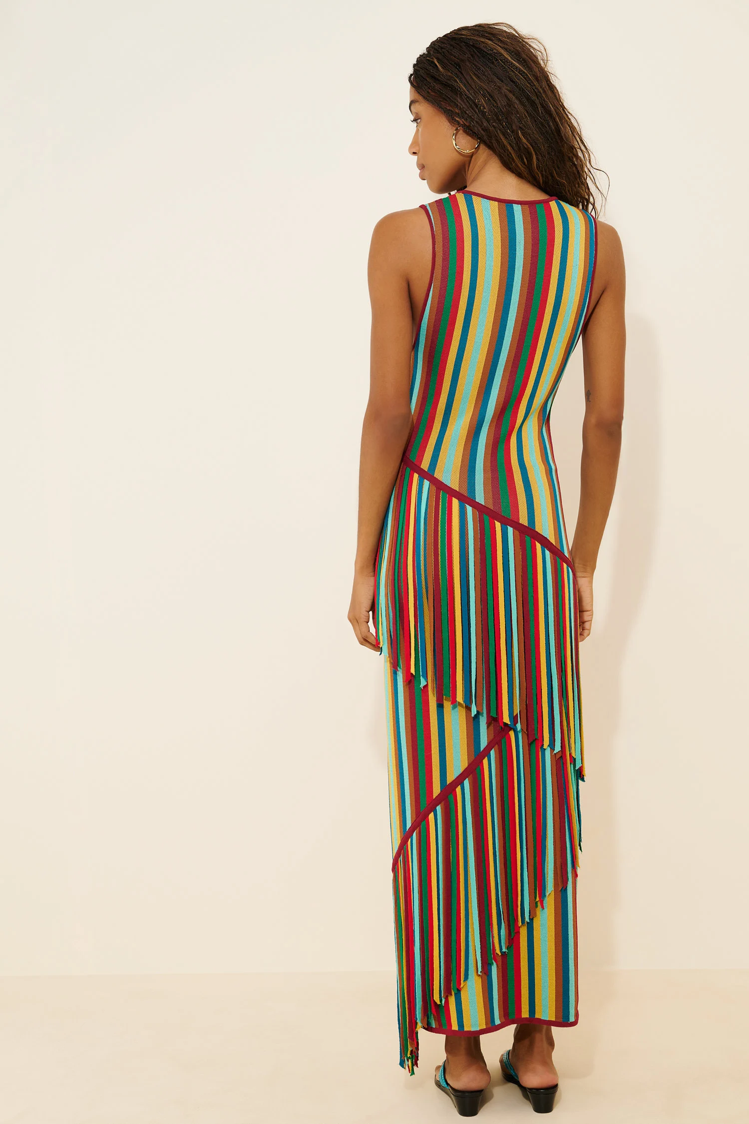 Striped Fringe Sleeveless Knit Maxi Dress with Tiered Tassels