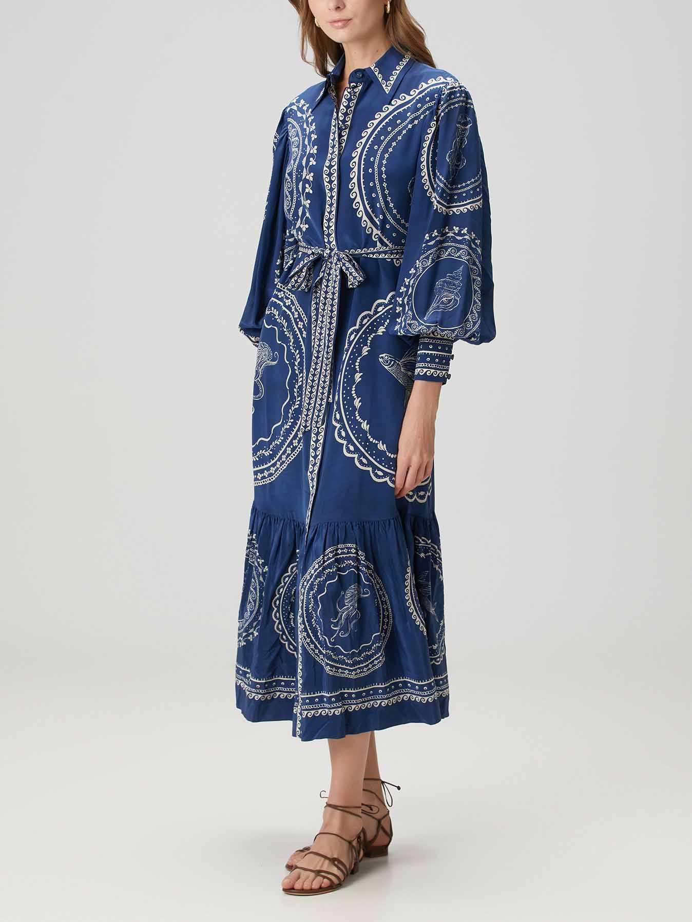 Exquisite Blue Ocean Print Lace-Up Single-Breasted Midi Dress