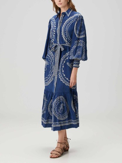 Exquisite Blue Ocean Print Lace-Up Single-Breasted Midi Dress