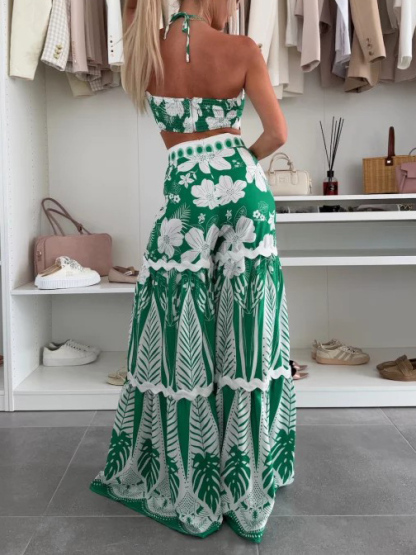 Casual Floral Print Tie Top Wide-leg Pants Two-piece Set