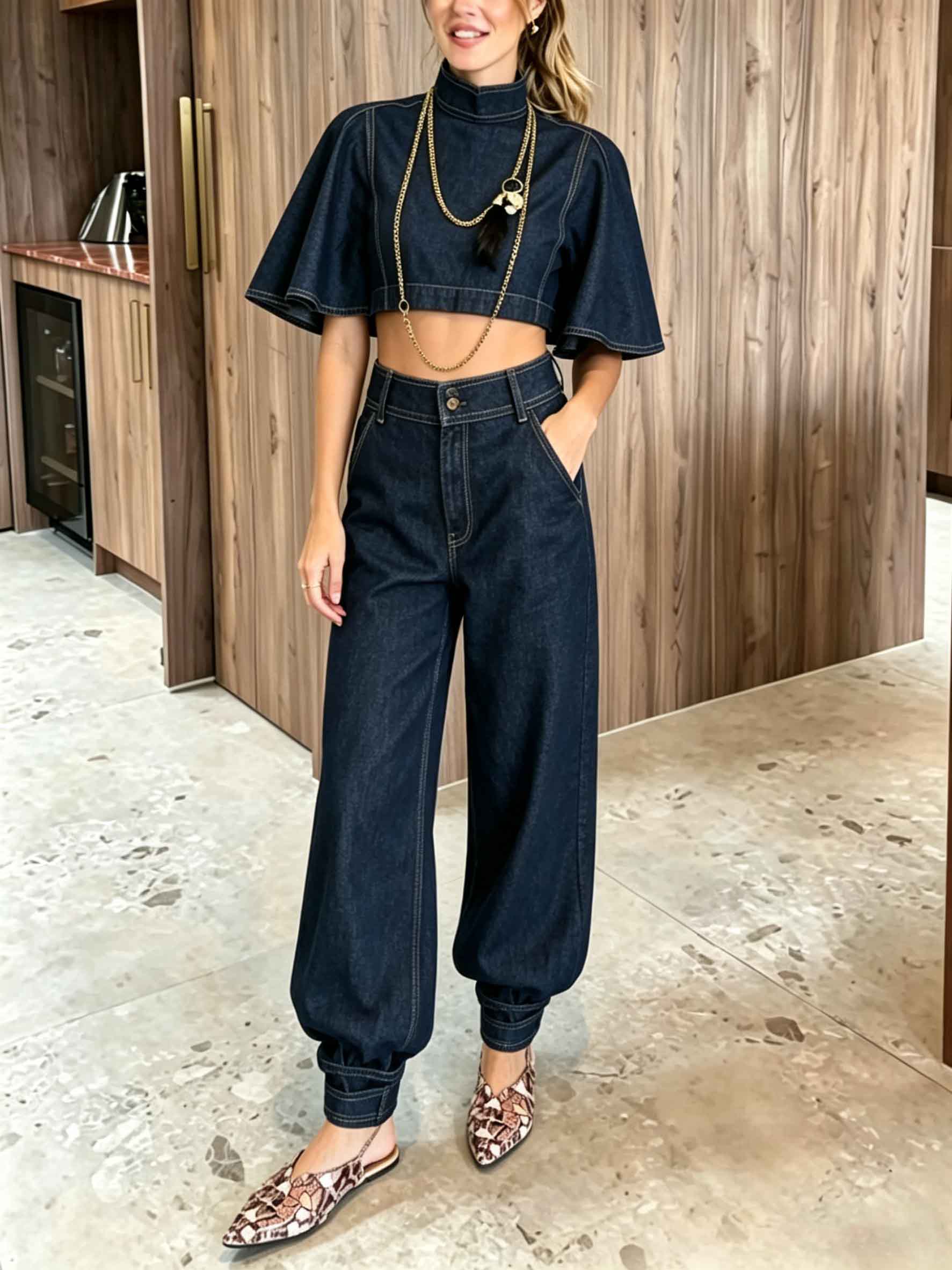 Denim High-Neck Cape Sleeve Crop Top