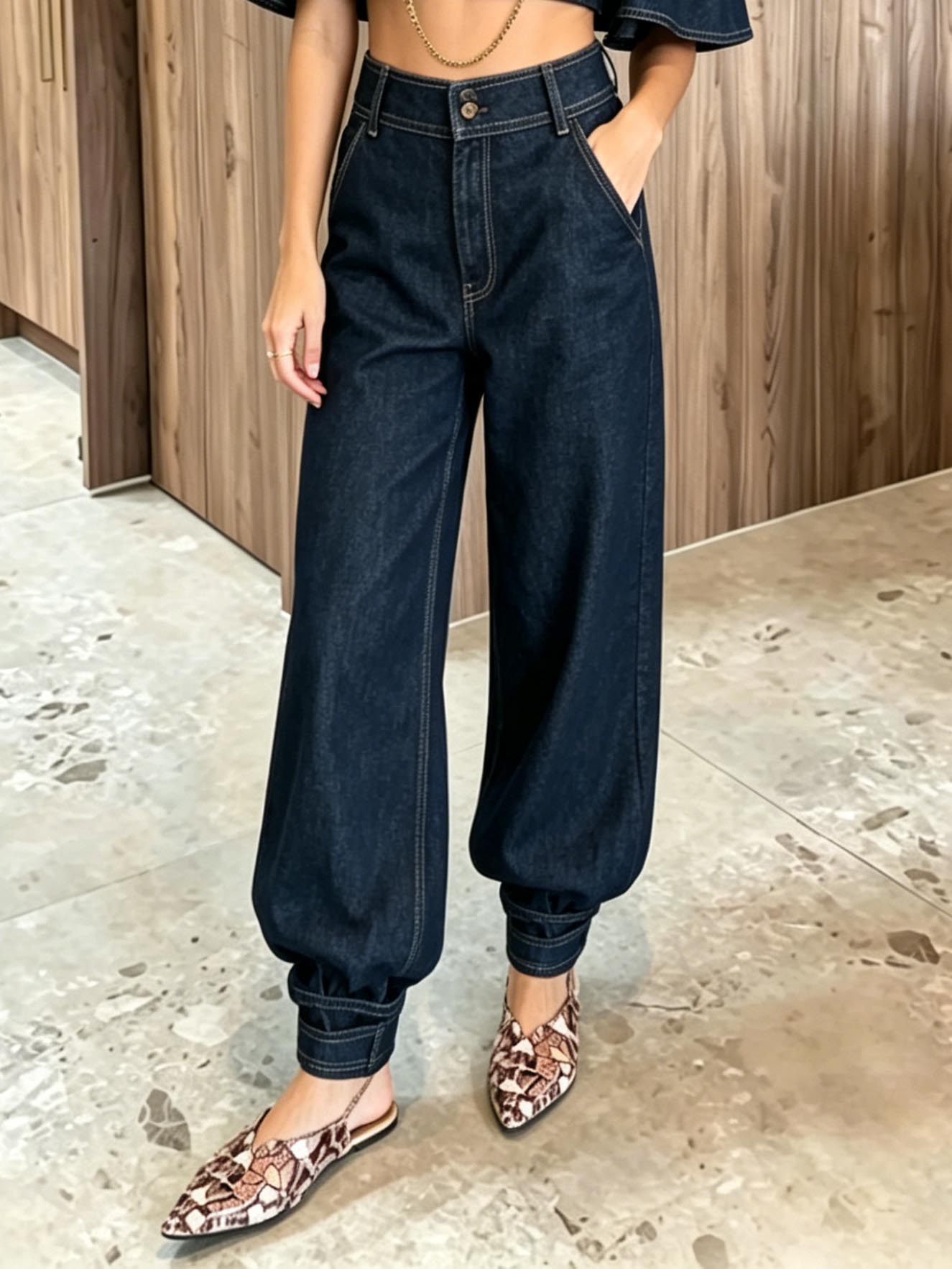 Denim High-Neck Cape Sleeve Crop Top