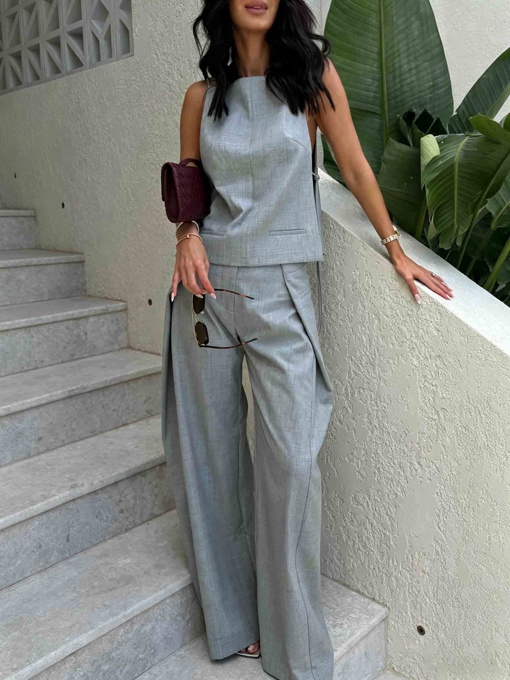 Minimalist Sleeveless Top & Asymmetrical Wide-Leg Pants Two-Piece Set