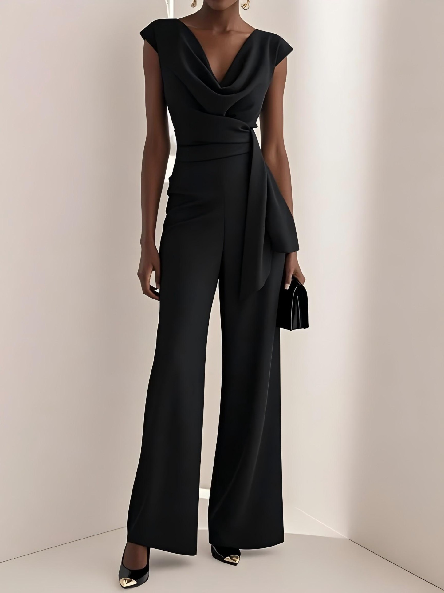 Elegant Draped V-Neck Wide-Leg Jumpsuit