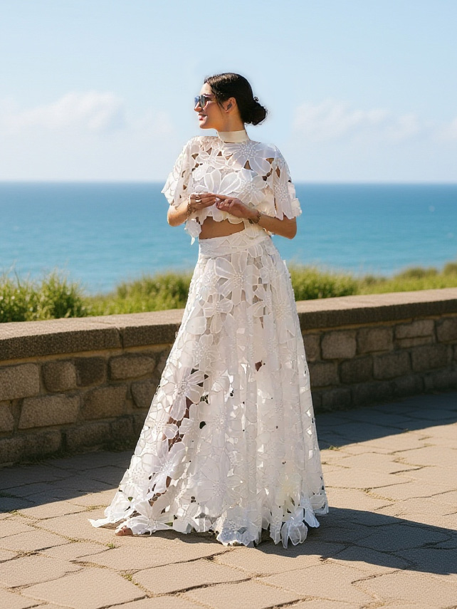 Elegant High-Neck Embroidered Lace Short Shirt & Skirt Two-Piece Set