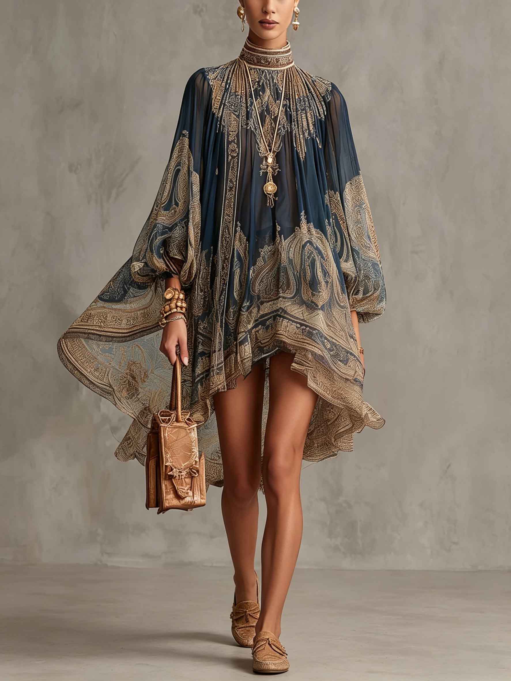 Elegant Vintage Print High Neck Flowy Mini Dress