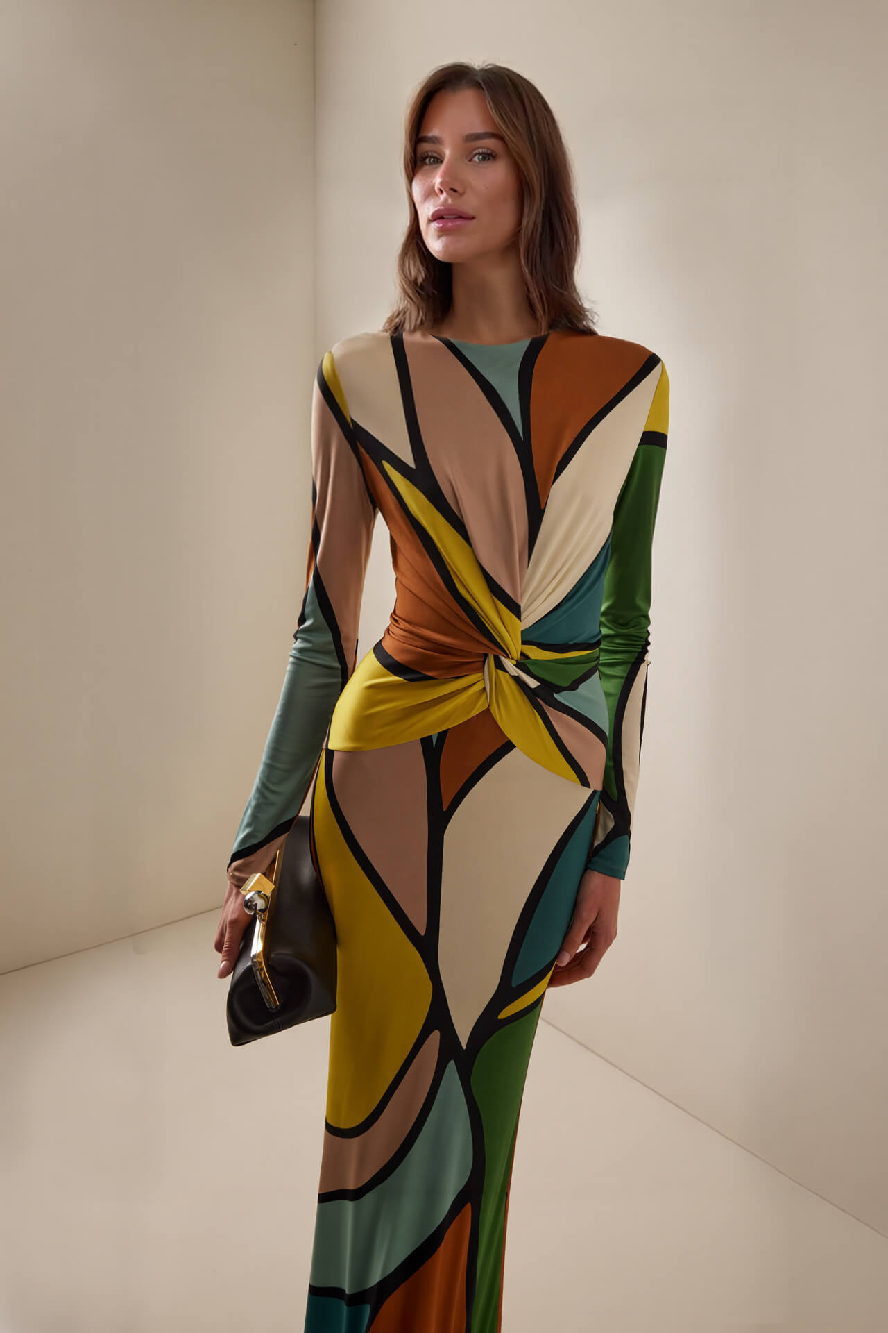 Retro Geometric Print Twisted Maxi Dress