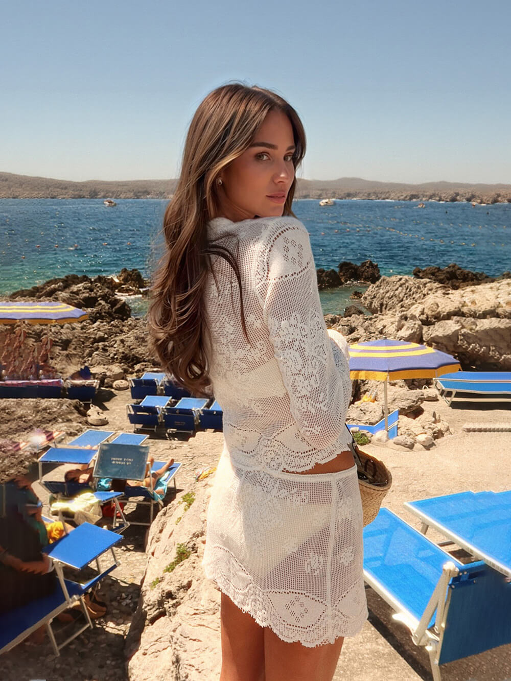 Vacation Style Cutout Embroidered Top And Mini Skirt Set