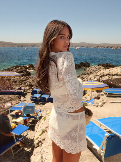 Vacation Style Cutout Embroidered Top And Mini Skirt Set