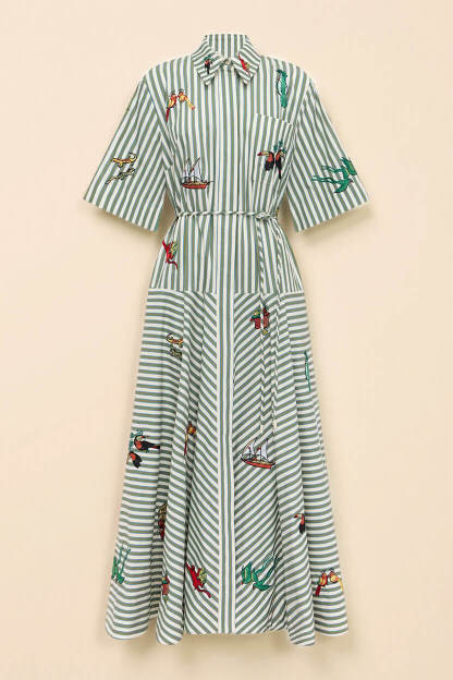 Classic Striped Button-Front Tie-Waist A-Line Maxi Shirtdress