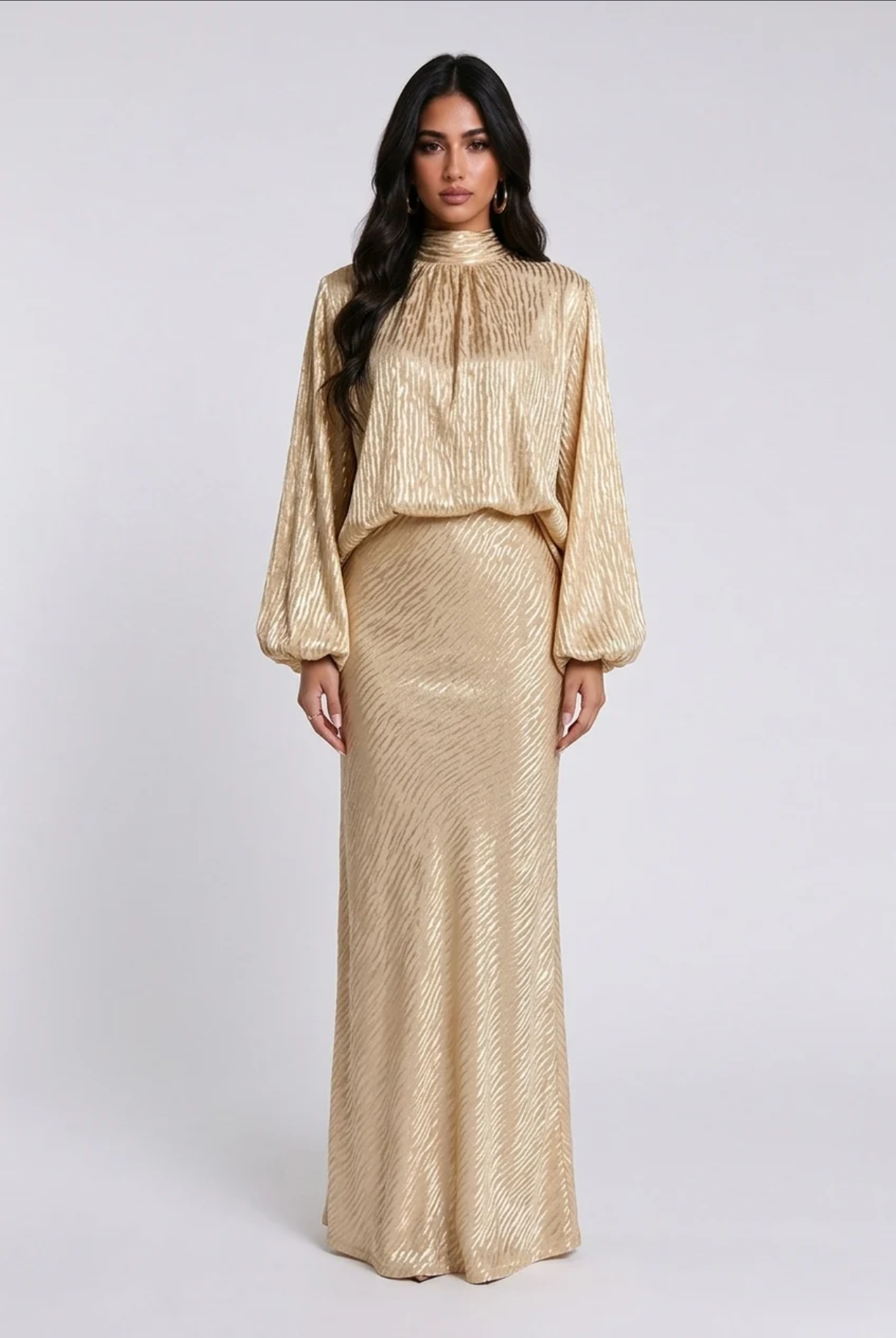 Champagne Gold High Neck Balloon Sleeve Blouse and Maxi Skirt Two Piece Set