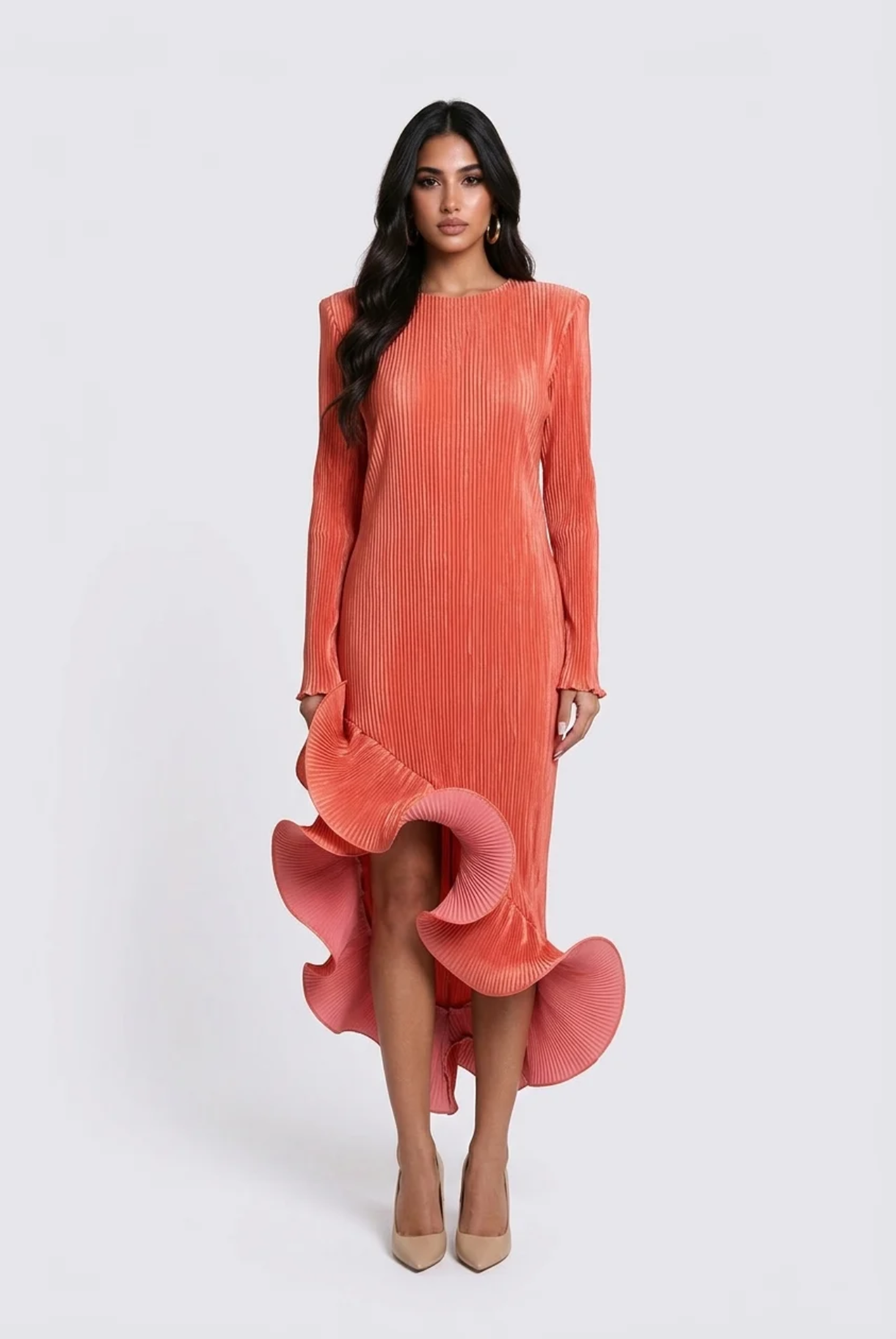 Long Sleeve Pleated High Low Dress with Sculptural Ruffle Hem