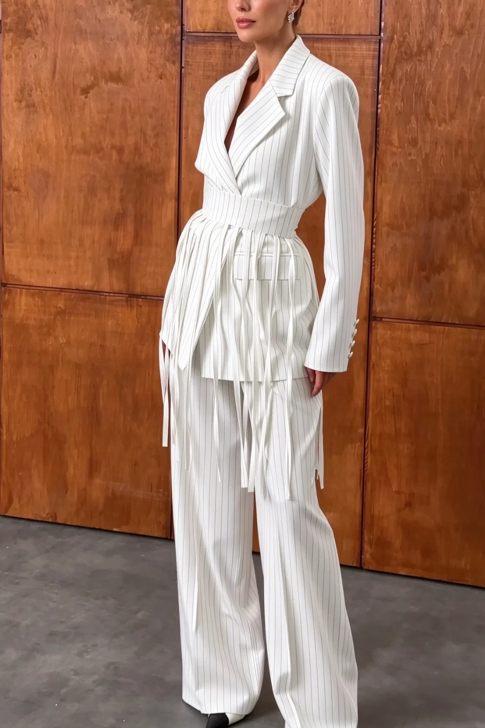 White Pinstripe Fringe Blazer and Wide Leg Pants Two Piece Set [erp-image:89ef742c04136f7f3386c6db]
