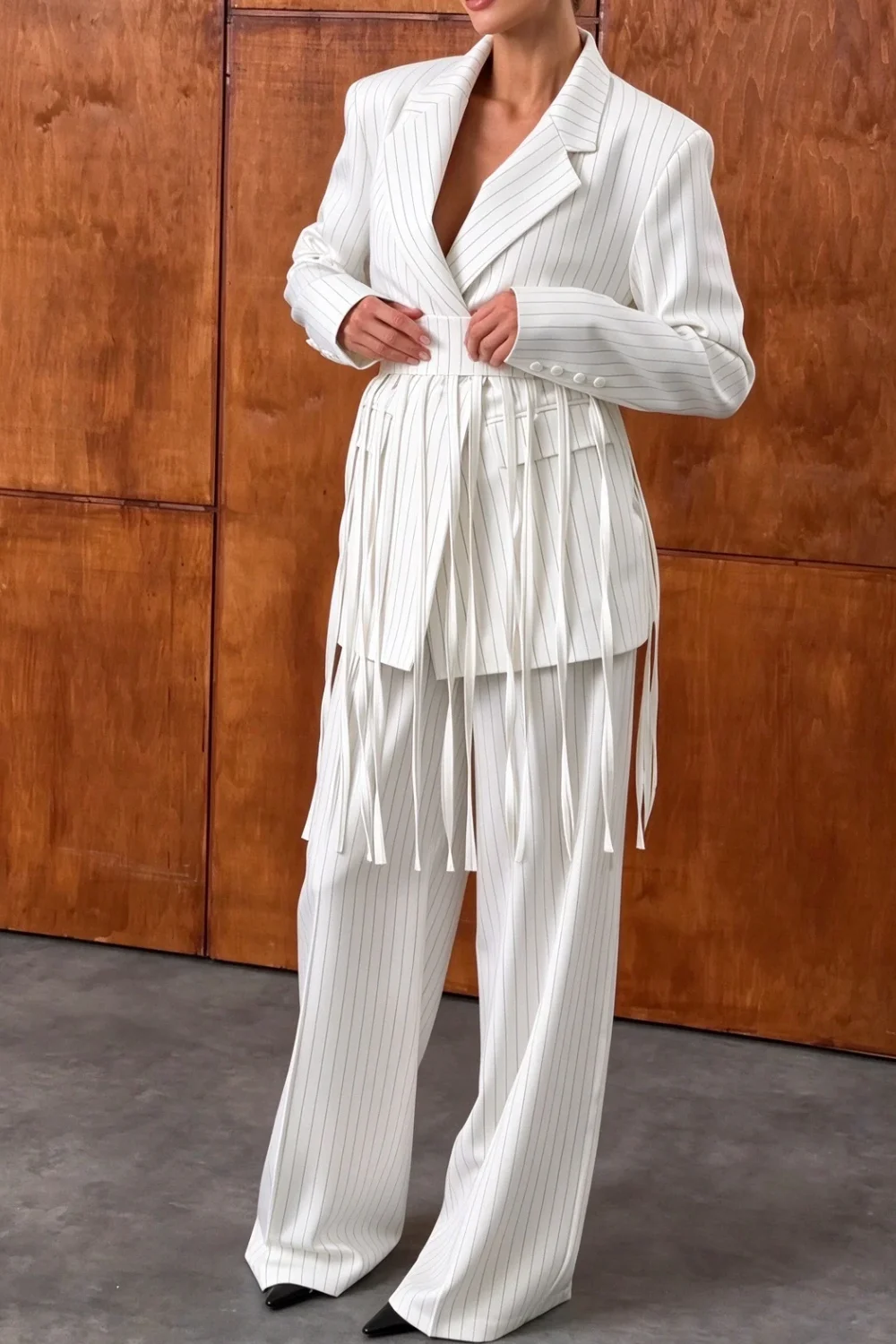 White Pinstripe Fringe Blazer and Wide Leg Pants Two Piece Set [erp-image:334fabd0dd9d241f648526eb]
