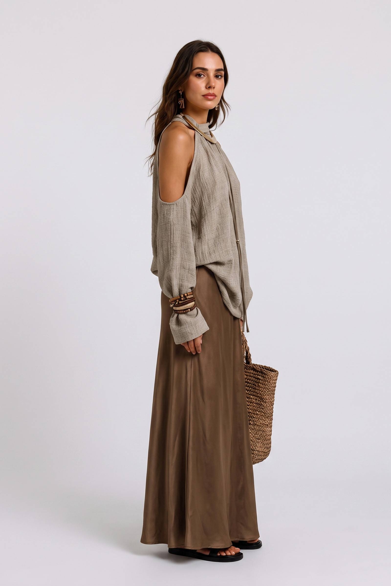 Texture Open-Shoulder Long-Sleeved Top High-Waist Bright Satin Skirt Set
