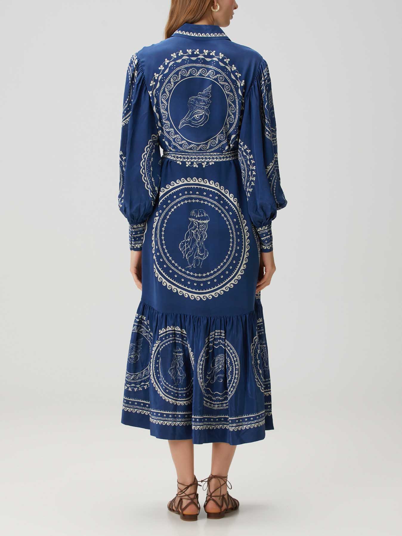 Exquisite Blue Ocean Print Lace-Up Single-Breasted Midi Dress