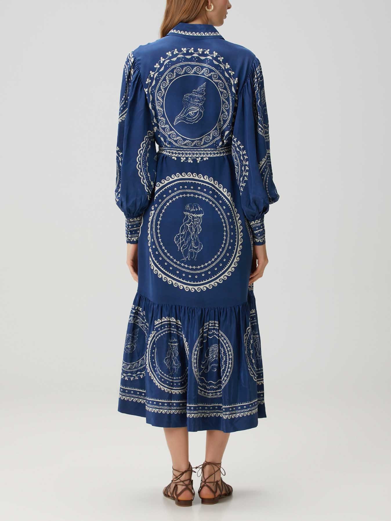 Exquisite Blue Ocean Print Lace-Up Single-Breasted Midi Dress