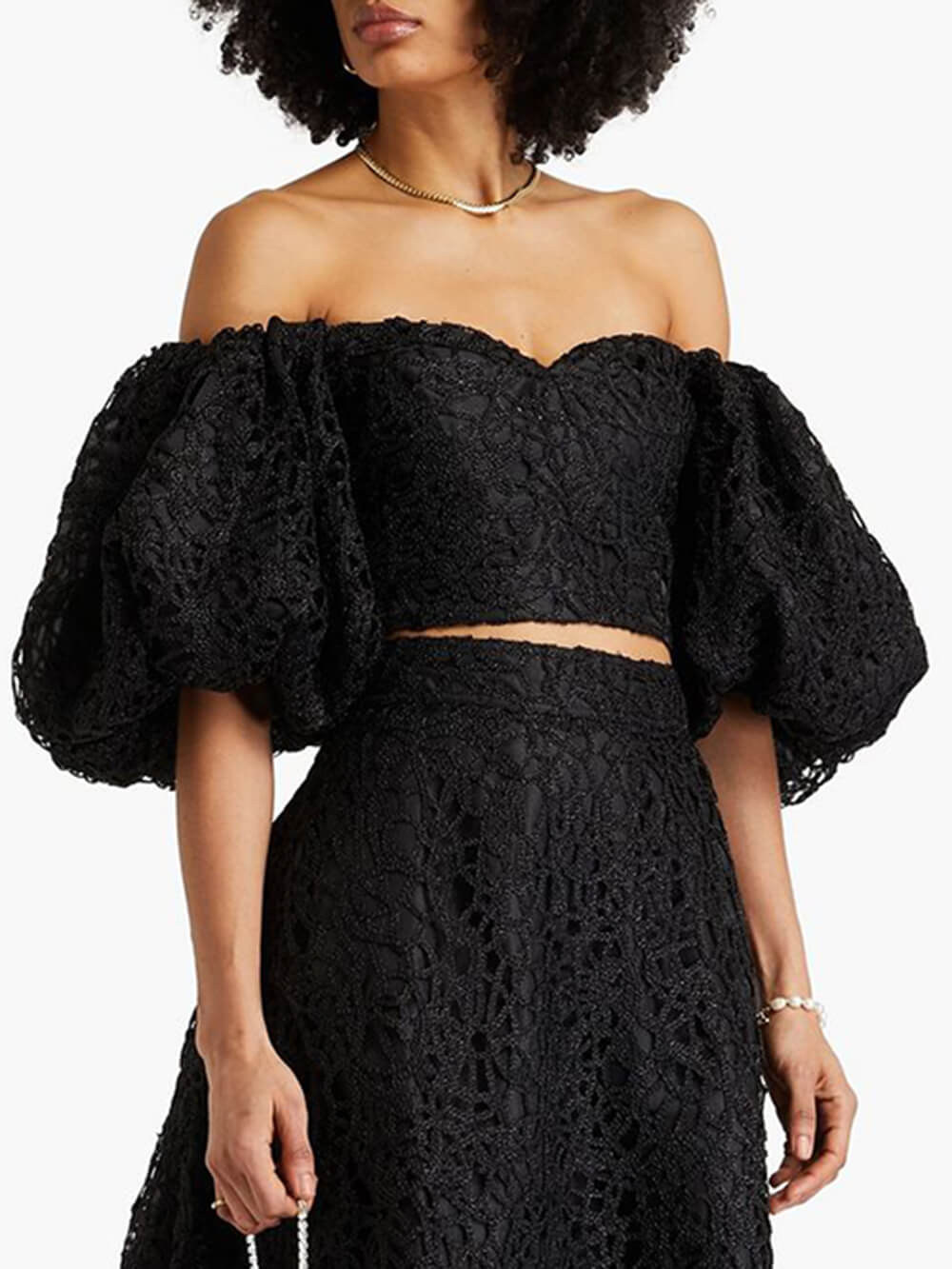 Delicate Off-Shoulder Lace Crochet Wide-Sleeve Top