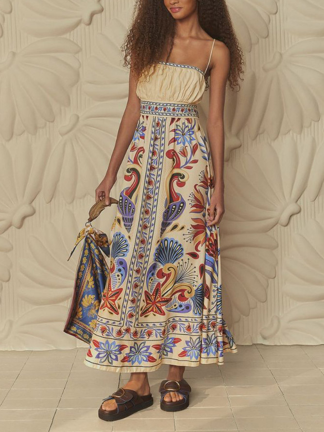Classic Resort Floral Print Tie Midi Dress