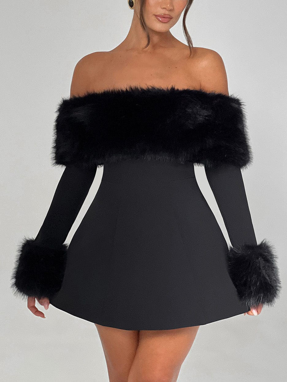 Playful Faux Fur Neckline A-Line Mini Dress – Likemychoice