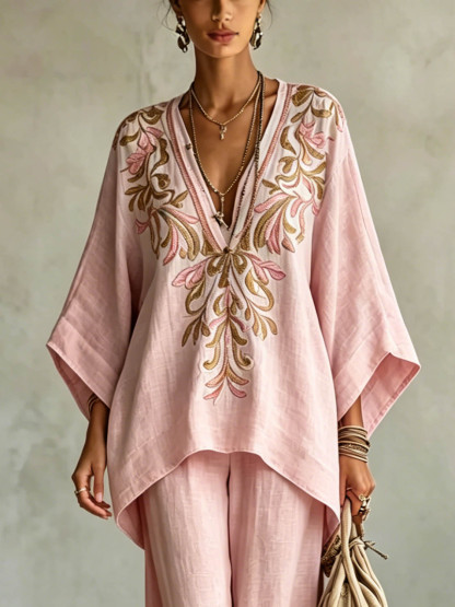 Casual Embroidered V-Neck Batwing Sleeve Shirt Two-Piece Set