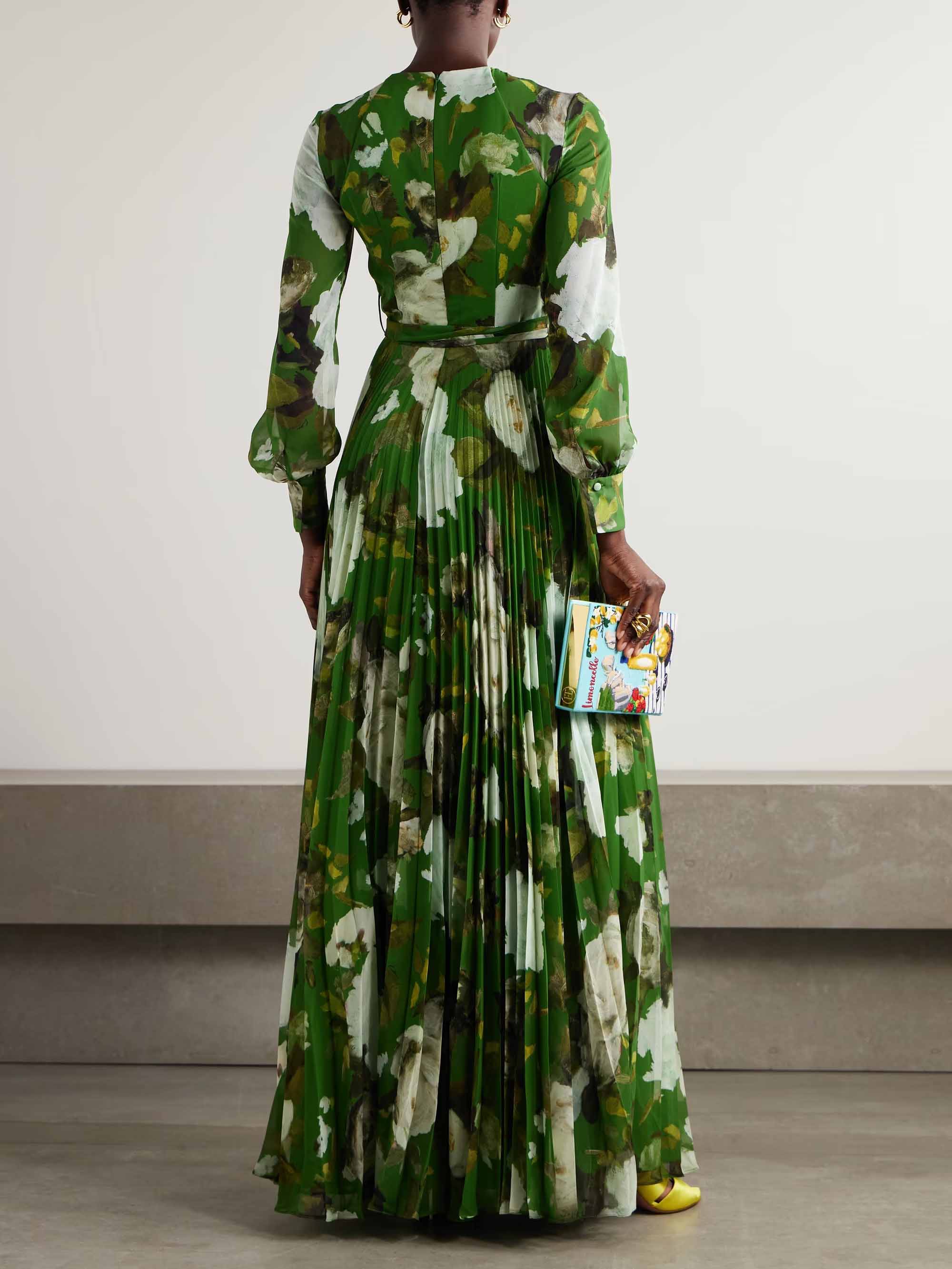 Elegant Pleated Rose Floral Print Lace-up Maxi Dress