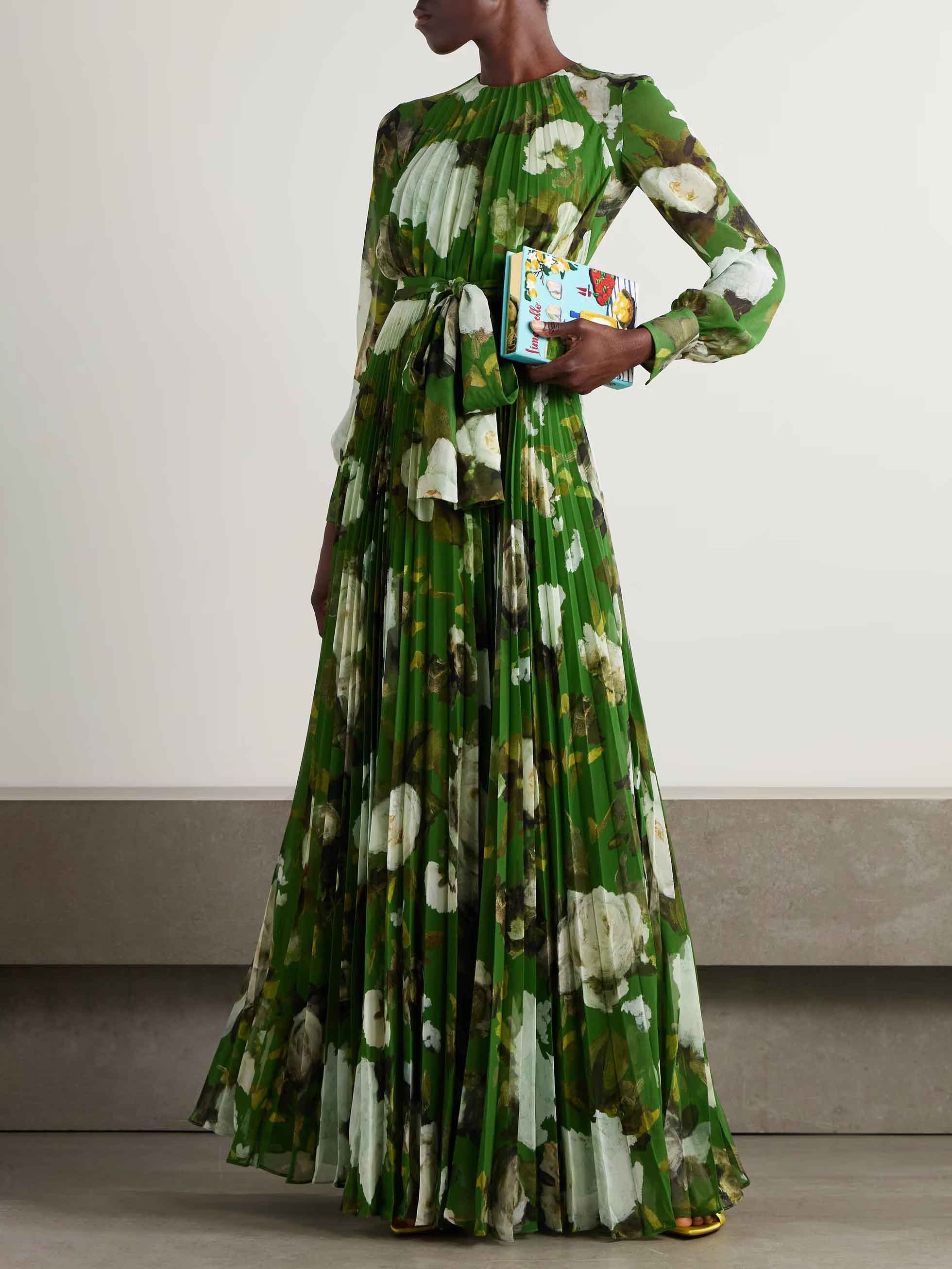 Elegant Pleated Rose Floral Print Lace-up Maxi Dress