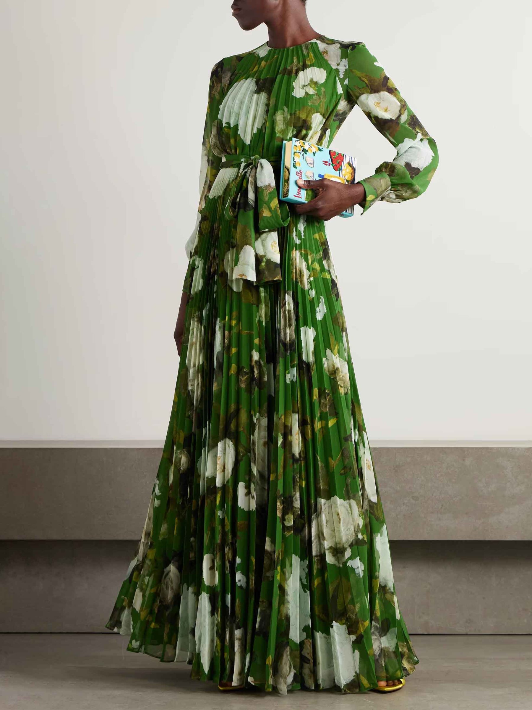 Elegant Pleated Rose Floral Print Lace-up Maxi Dress