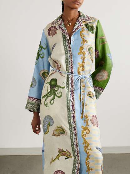 Unique Deep Sea Floral Print Single Breasted Midi Shirt Dress