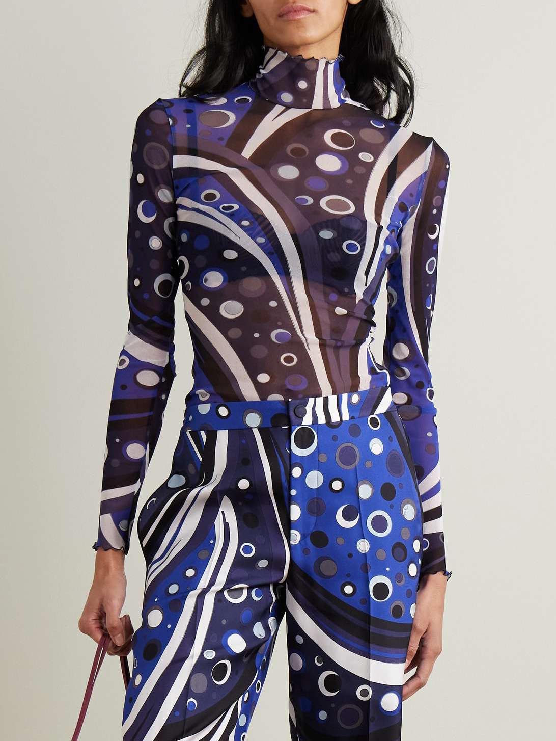 Unique Abstract Geometric Print Tulle Turtleneck Top