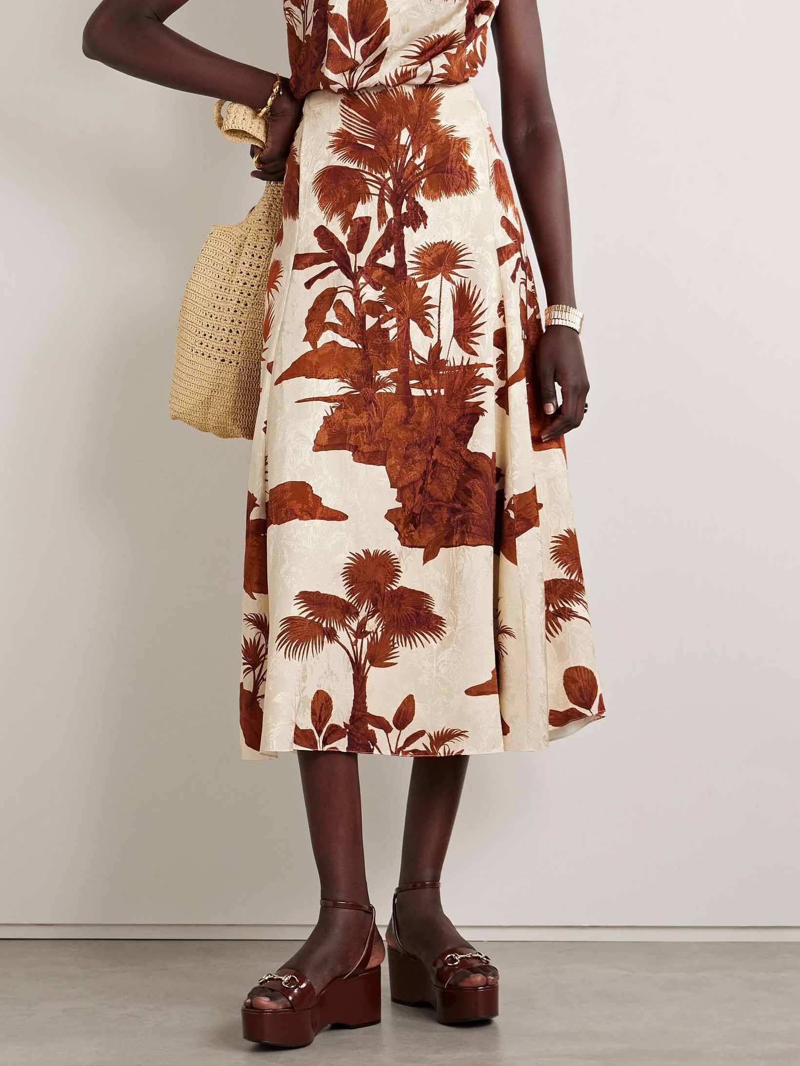 Retro Tropical Style Plant Print Skirt