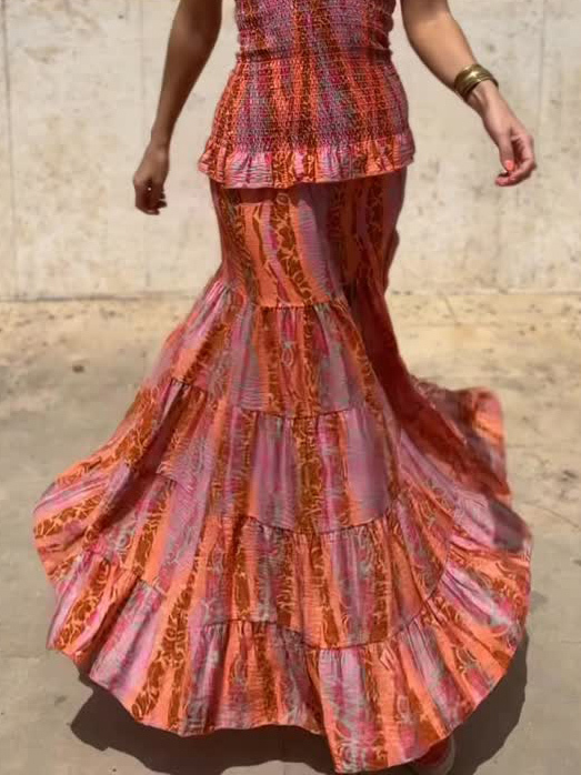 Casual Retro Folk Style Printed Layered Skirt