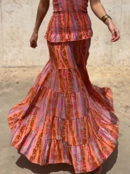 Casual Retro Folk Style Printed Layered Skirt