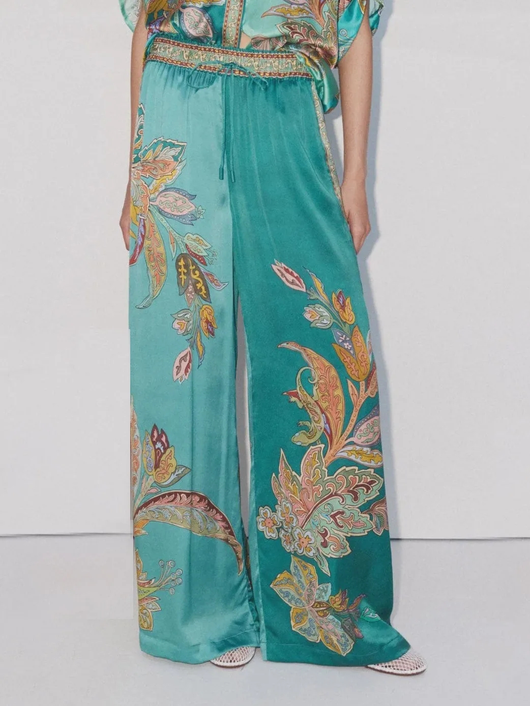 Unique Satin Botanical Floral Print Loose Two-Piece Set
