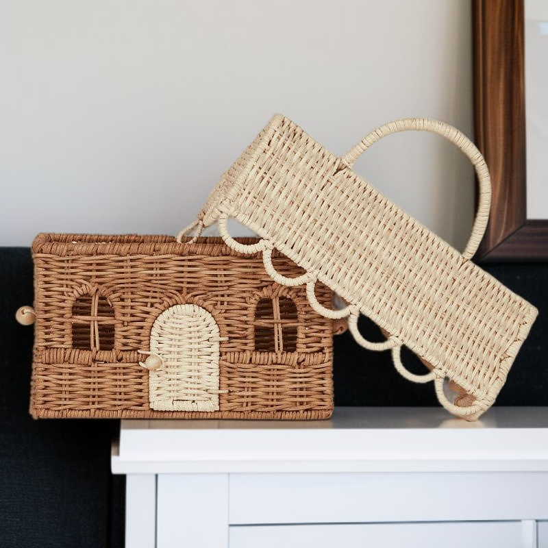 Nordic cottage play house woven bag toy handbag straw basket with lid storage basket photography pro