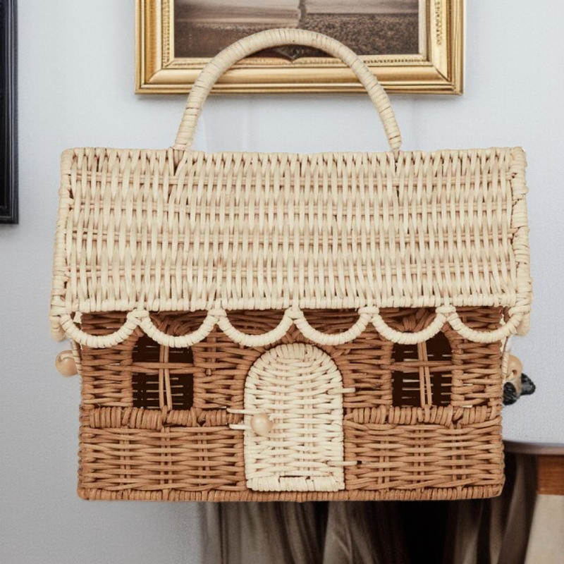 Nordic cottage play house woven bag toy handbag straw basket with lid storage basket photography pro