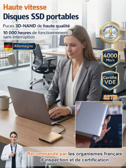 SSD portable à haute vitesse pour téléphone et ordinateur, Transfert 4000 Mo/s
