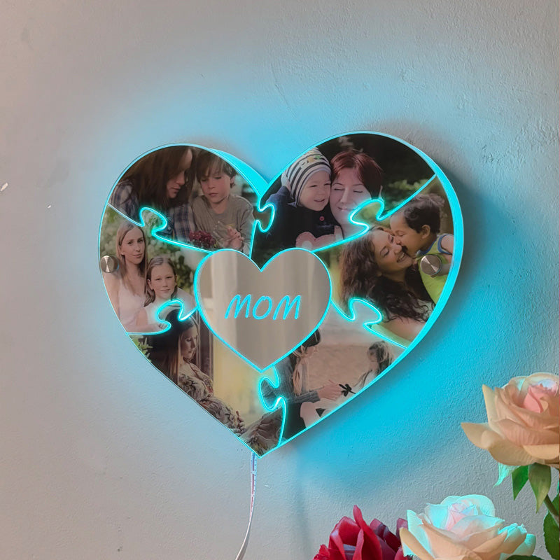Personalisiertes Herz-Foto-Puzzle-Spiegellicht - Muttertagsgeschenk Geburtstagsgeschenk für Mama
