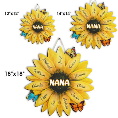Personalisiertes Familienschild aus Holz mit Sonnenblumenmotiv – personalisiertes Geschenk für Oma, Mama