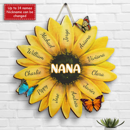 Personalisiertes Familienschild aus Holz mit Sonnenblumenmotiv – personalisiertes Geschenk für Oma, Mama