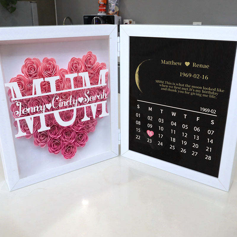 (Mum&Grandmum With Name) With REAL MOON PHASE Anniversary Calendar Custom flower frame