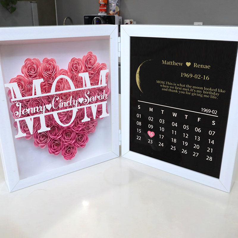 (Mum&Grandmum With Name) With REAL MOON PHASE Anniversary Calendar Custom flower frame