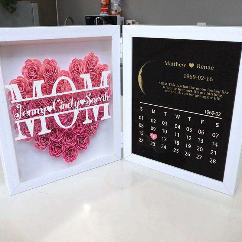 (Mum&Grandmum With Name) With REAL MOON PHASE Anniversary Calendar Custom flower frame