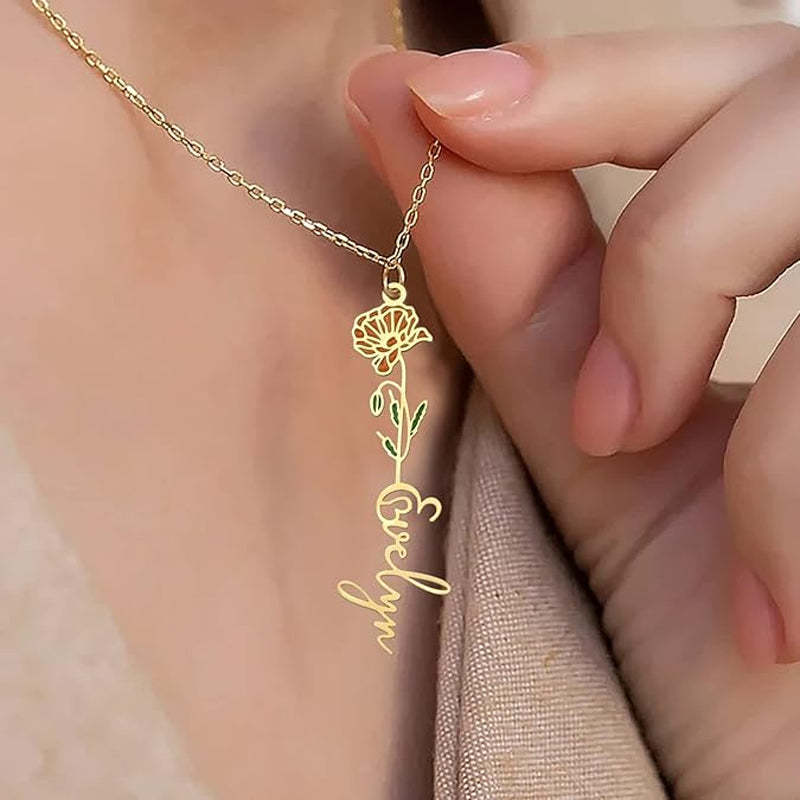 Collier personnalisé avec nom et fleurs d'anniversaire