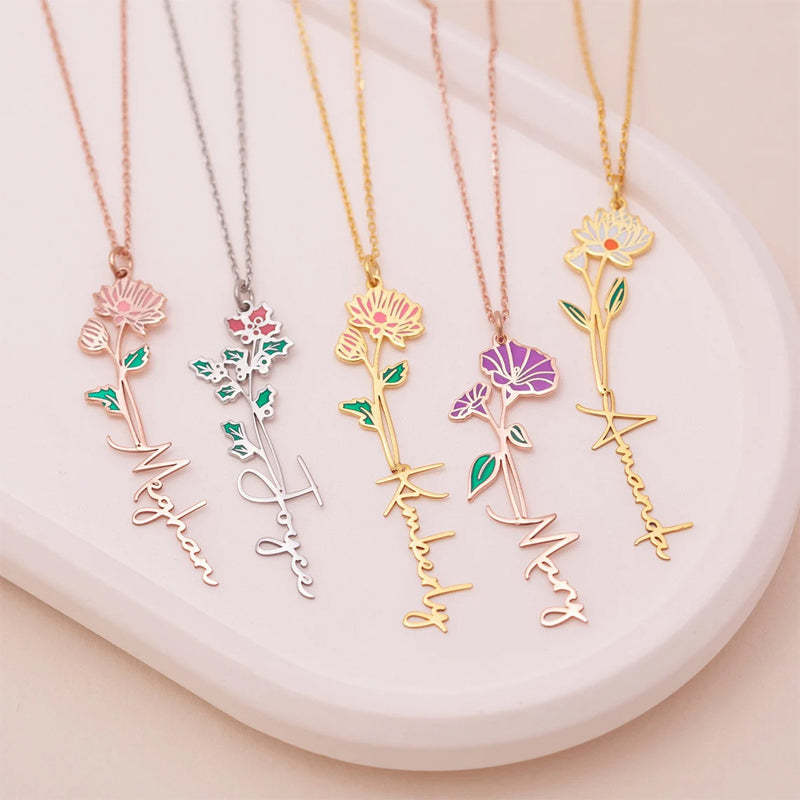 Personalized Name And Birthday Flower Necklace