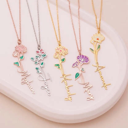 Personalized Name And Birthday Flower Necklace